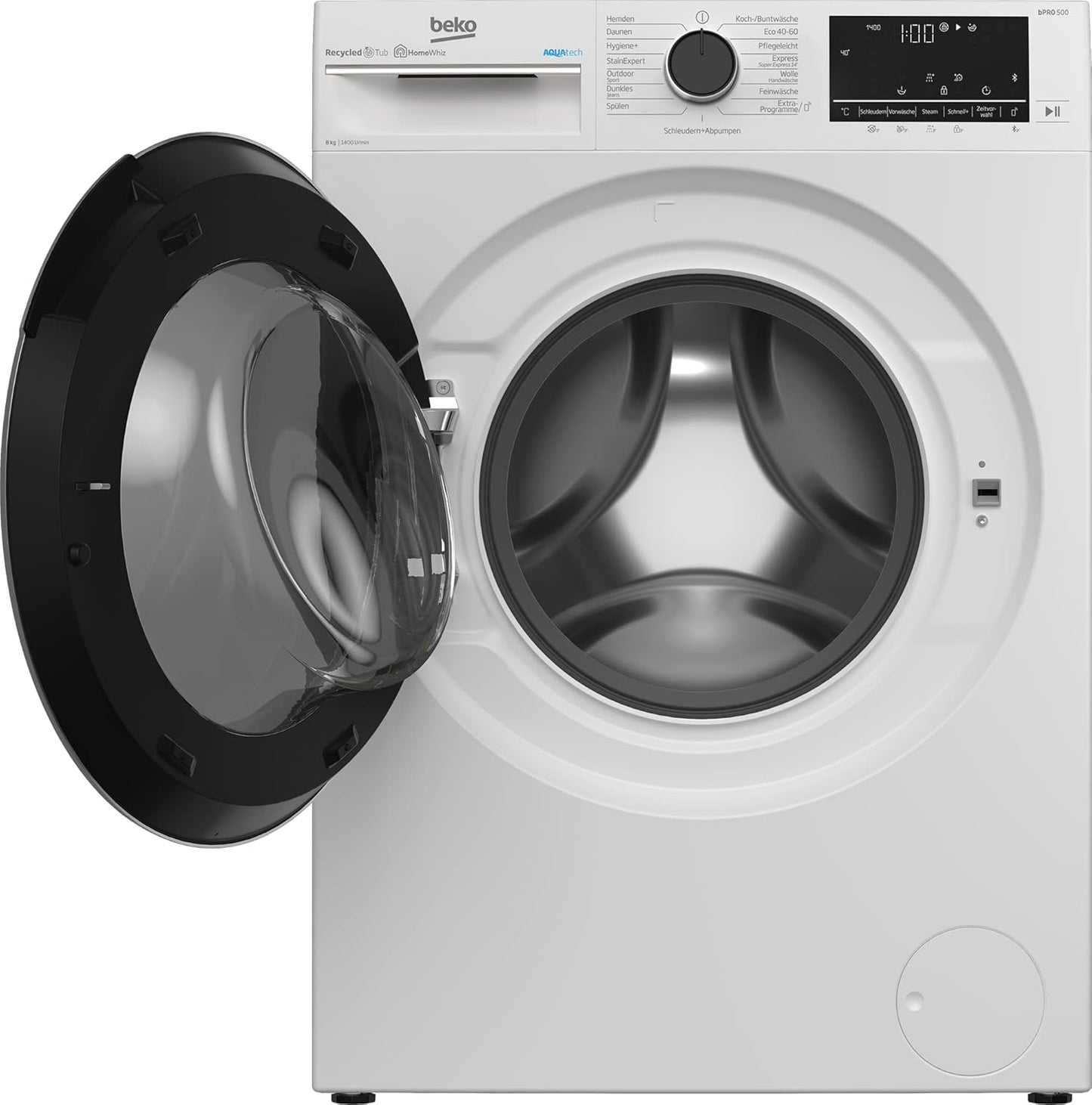 Beko B5WFU58418W Machine À Laver Automatique Avec Indicateur De Temps Restant Et Essorage 8Kg 1400 Tr/Min Bluetooth Fonction Vapeur Hygiénique + Hypoallergénique Lavage Rapide Avec Aquatech Blanc
