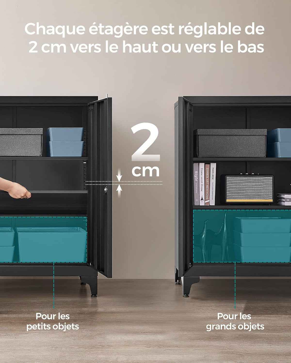Caisson De Bureau, Placard Polyvalent, Armoire De Bureau À 2 Portes, Verrouillable, En Acier, Pour Salon, Noir Mat OMC013B01