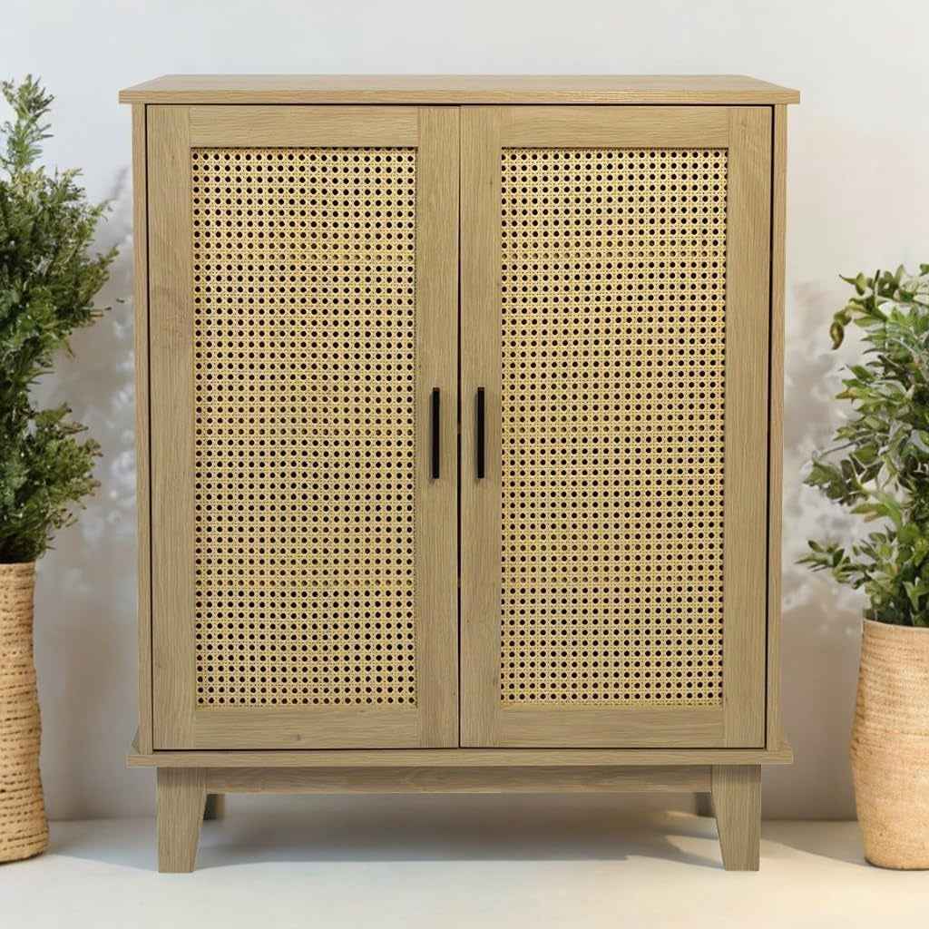 - Buffet - 80 X 34 X 96Cm - Cannage, Bois - 2 Portes - Rangement Élégant Et Pratique - Salon, Salle À Manger, Cuisine - Style Naturel Et Bohème