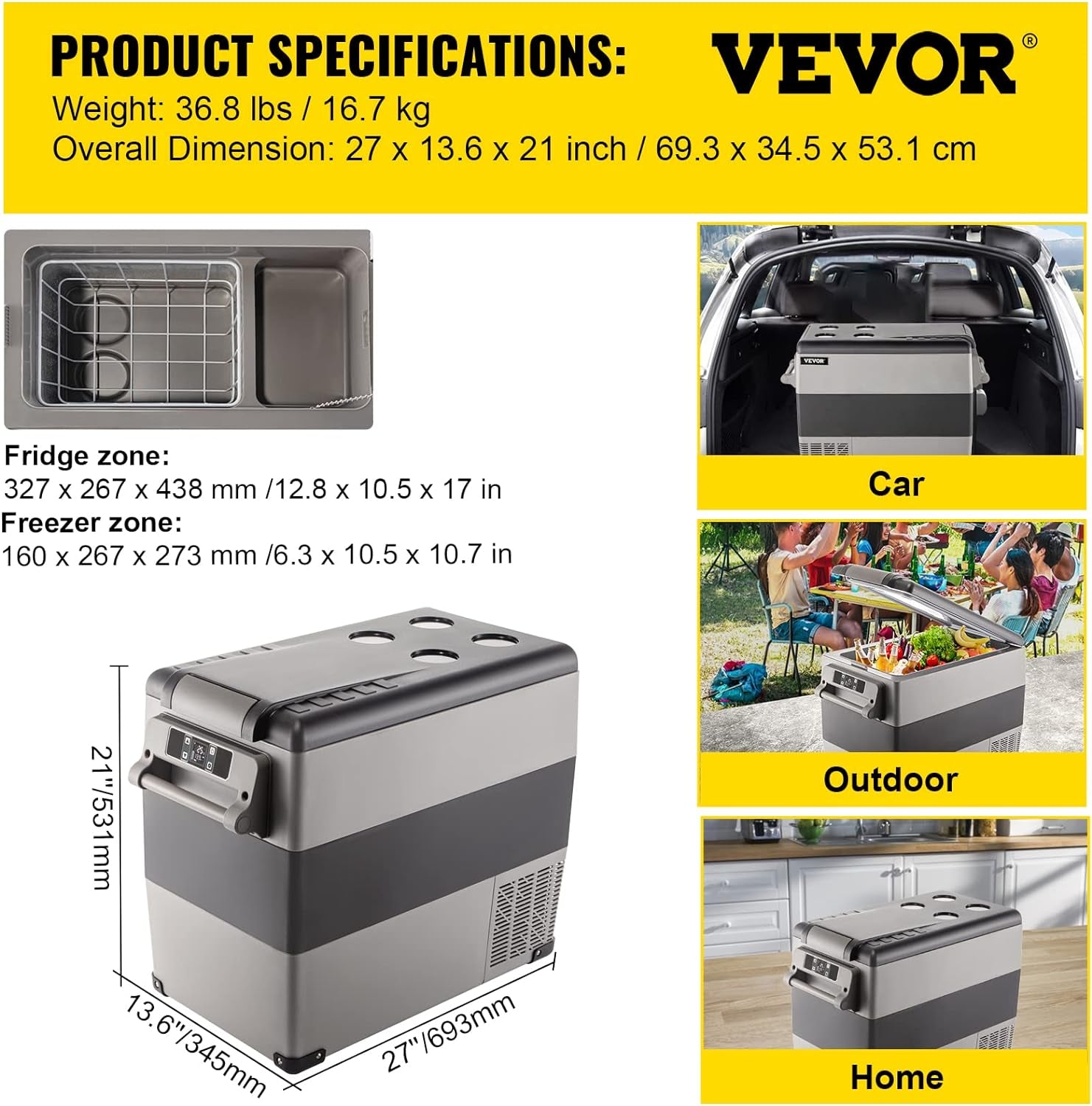 Glacière Électrique Portable De Voiture Mini Frigo Silencieux Portable 220V/55L Avec Panneau Numérique -20 À 20℃ Pour Maison, Voiture Et Camping 69 * 34.5 * 52.4CM