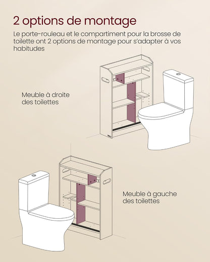 Meuble WC, Meuble Toilette, Pour Salle De Bain, Rangement Papier Toilette, Pour Brosse WC, Portes Coulissantes, Étagères Réglables, À Côté Des WC, 20 X 60 X 80 Cm, Blanc Nuage BBC752W01