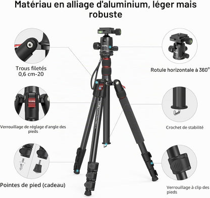 72" 182Cm Trepied Alu 15Kg Max Rotule 360° Plaque Rapide - 3935 | Trepied Appareil Photo,Aluminium Léger, Réglable 17" À 72", Rotule Panoramique 360°, Plaque Dégagement Rapide,Trépied Caméra