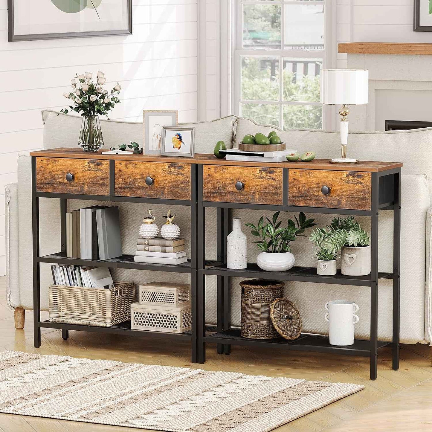 Console Meuble, 75 Cm Table Console, D'Entrée Avec 2 Tiroirs En Tissu, Table D’Appoint, Bout De Canapé, Pour Entrée, Salon, Style Industriel, Marron Rustique Et Noir EBF72XG01