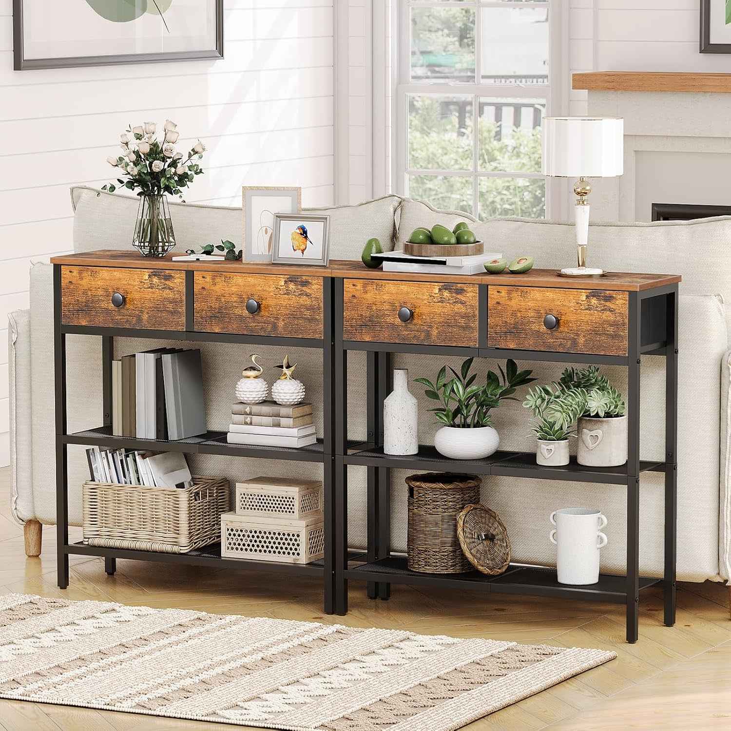 Console Meuble, 75 Cm Table Console, D'Entrée Avec 2 Tiroirs En Tissu, Table D’Appoint, Bout De Canapé, Pour Entrée, Salon, Style Industriel, Marron Rustique Et Noir EBF72XG01