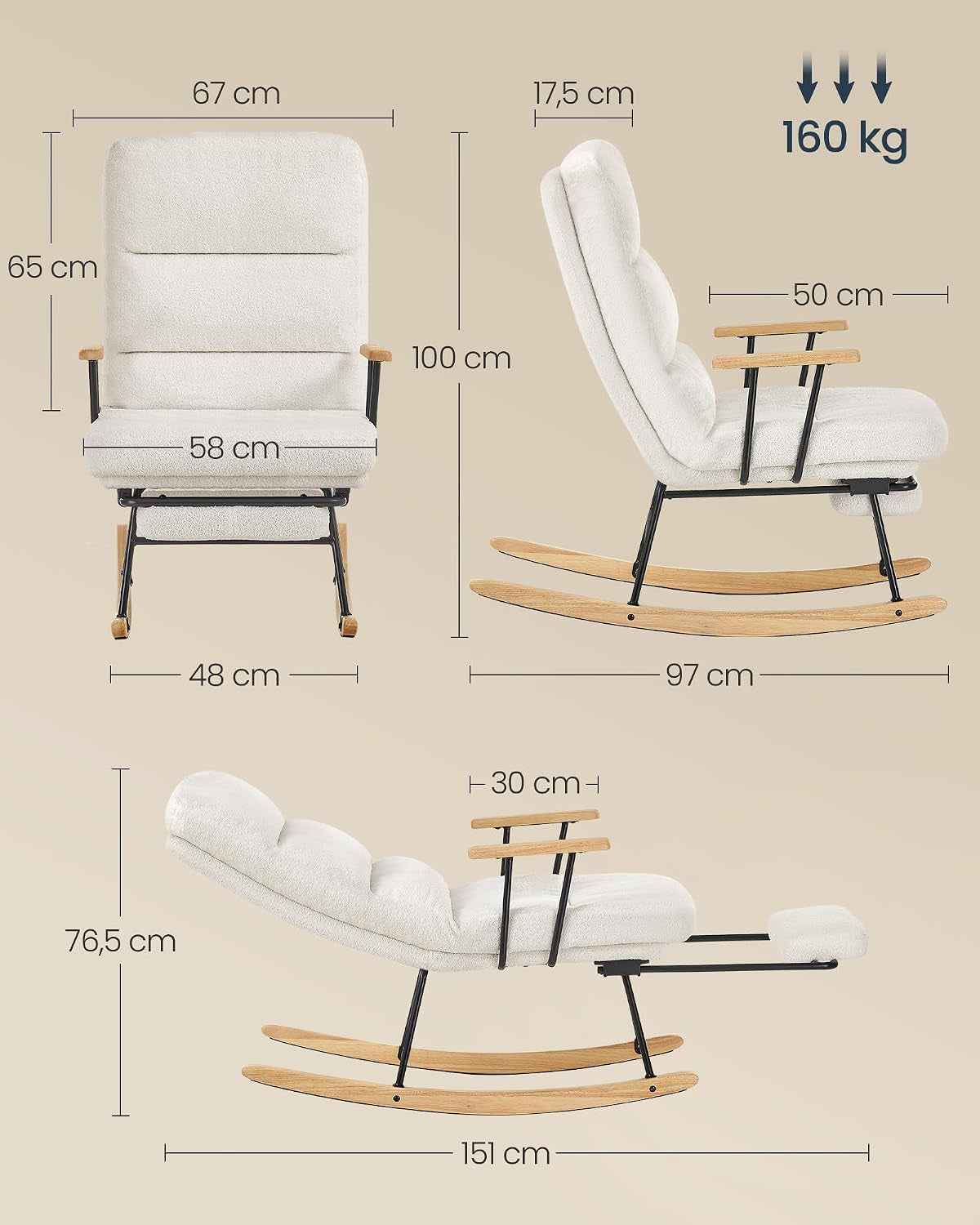 Fauteuil À Bascule, Pieds En Bois D'Hévéa, Tissu Peluche, Chaise À Bascule, Dossier Réglable Sur 4 Positions, Supporte Jusqu'À 160 Kg, Pour Chambre, Salon, Blanc Crème LYY016W01