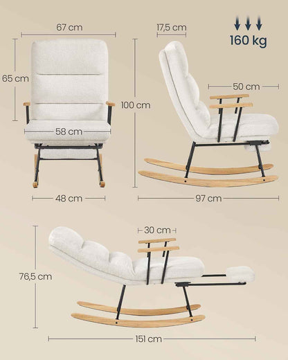 Fauteuil À Bascule, Pieds En Bois D'Hévéa, Tissu Peluche, Chaise À Bascule, Dossier Réglable Sur 4 Positions, Supporte Jusqu'À 160 Kg, Pour Chambre, Salon, Blanc Crème LYY016W01