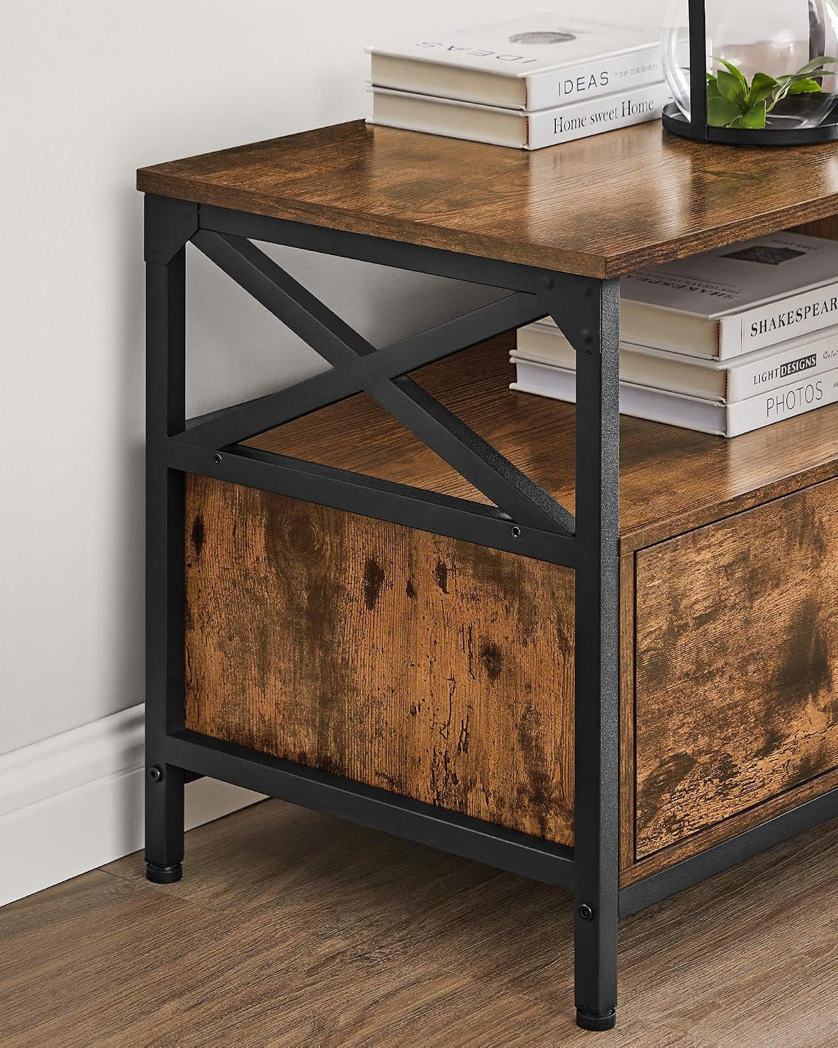 Meuble TV Pour Télévision Jusqu'À 80 Pouces, Support Télé, 3 Tiroirs En Tissu, 3 Étagères, 178 X 40 X 50 Cm, Salon, Chambre, Cadre En Acier, Marron Rustique Et Noir LTV303KD01