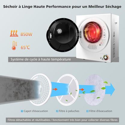 Sèche-Linge Électrique Compact 2,5KG Capacité De 42L, Sèche-Linge Portable 850W À Chargement Frontal Avec 4 Modes De Séchage Et Cuve En Acier Inoxydable, Pour Maison Appartement (Blanc)
