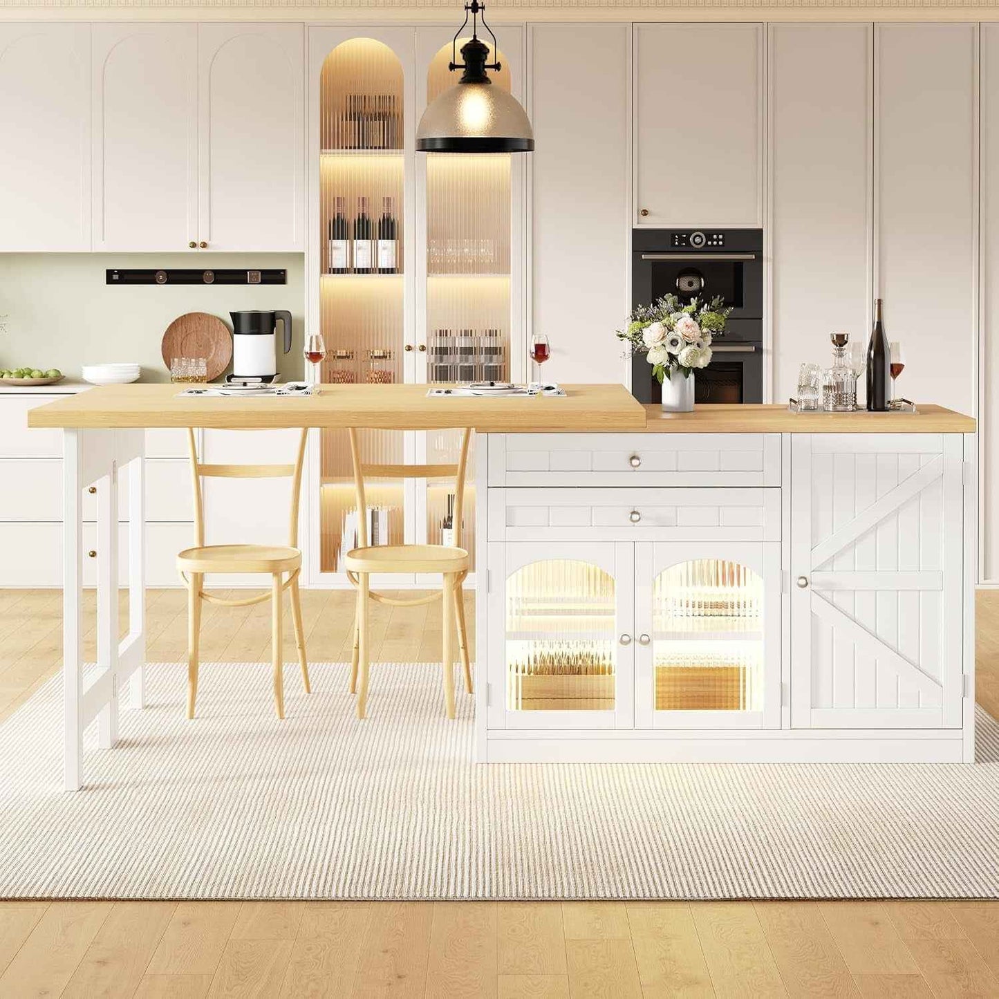 Îlot Central Cuisine Extensible 120-194 Cm Avec Plateau Pivotant 360°, Meuble De Cuisine Avec Portes En Verre Et Rangements, Blanc