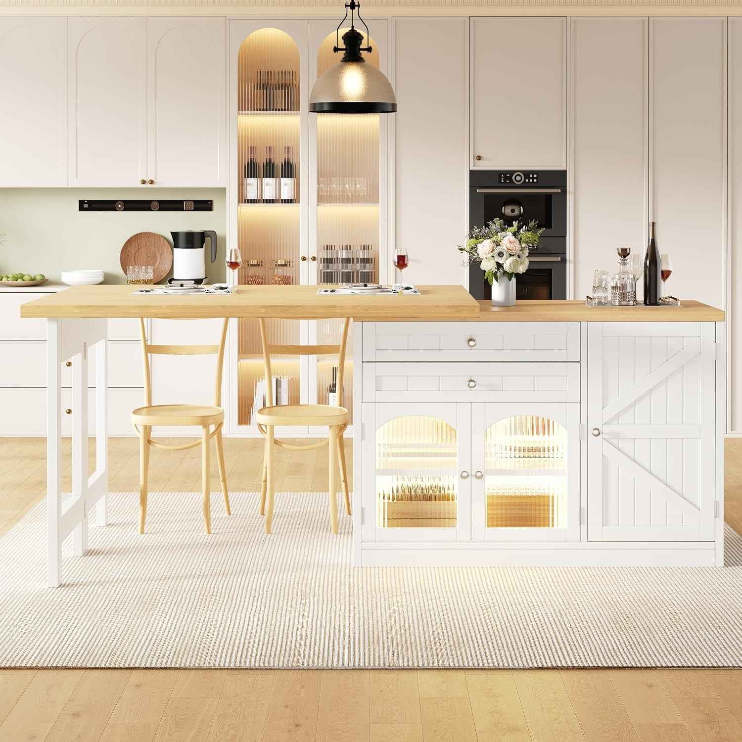 Îlot Central Cuisine Extensible 120-194 Cm Avec Plateau Pivotant 360°, Meuble De Cuisine Avec Portes En Verre Et Rangements, Blanc