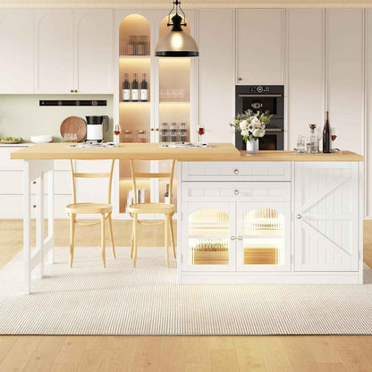 Îlot Central Cuisine Extensible 120-194 Cm Avec Plateau Pivotant 360°, Meuble De Cuisine Avec Portes En Verre Et Rangements, Blanc