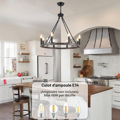 Lustre Noir, 8 Lumières Lustre En Forme De Roue De Charrette, Suspension Plafonnier Industriel Pour Salon, Salle À Manger, Cuisine, Couloir, Chambre, Hauteur Réglable | Lustre Rustique Moderne De Ferme Noir À Suspension, Plafonnier De Salle À Manger Pour