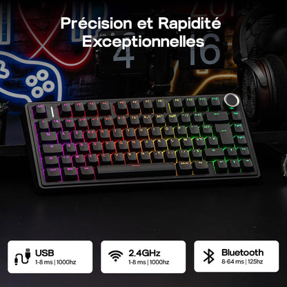 Aula F75 ISO-FR Clavier Mécanique Sans Fil AZERTY 75% | Clavier Gaming Français Avec Bouton Rotatif, RVB, Hot-Swap, Montage Gasket, Son Crémeux, Bt/2.4Ghz/Filaire