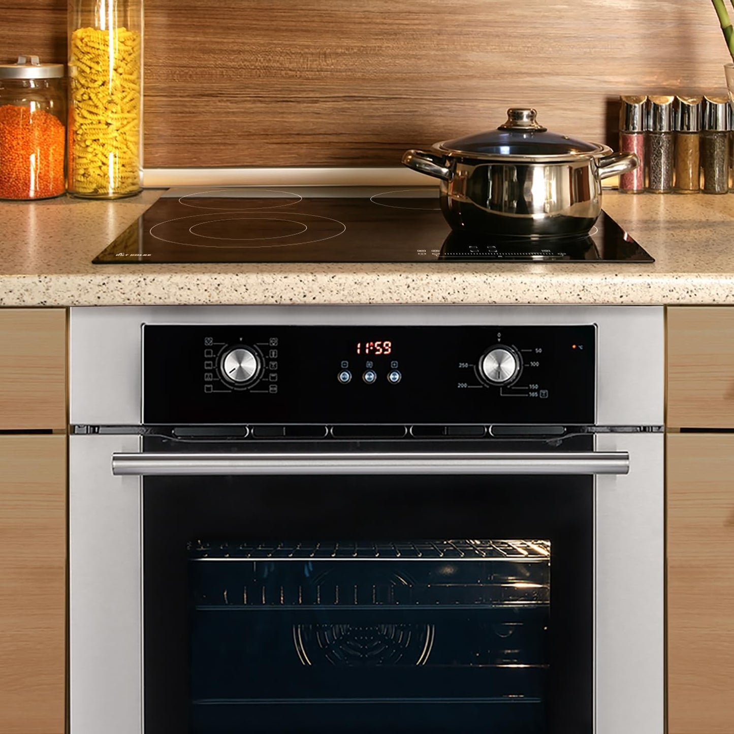 Cuisinière: Four Encastré 60Cm BO8810SS + 59Cm Plaque Vitrocéramique KK590RL | Grill | Air Chaud | Éléments Télescopiques Extensibles | Minuterie Automatique | SET8810KK59RL