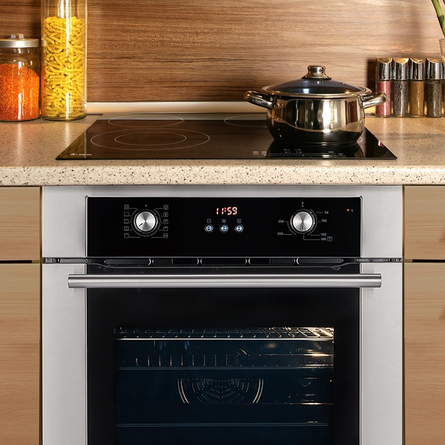 Cuisinière: Four Encastré 60Cm BO8810SS + 59Cm Plaque Vitrocéramique KK590RL | Grill | Air Chaud | Éléments Télescopiques Extensibles | Minuterie Automatique | SET8810KK59RL