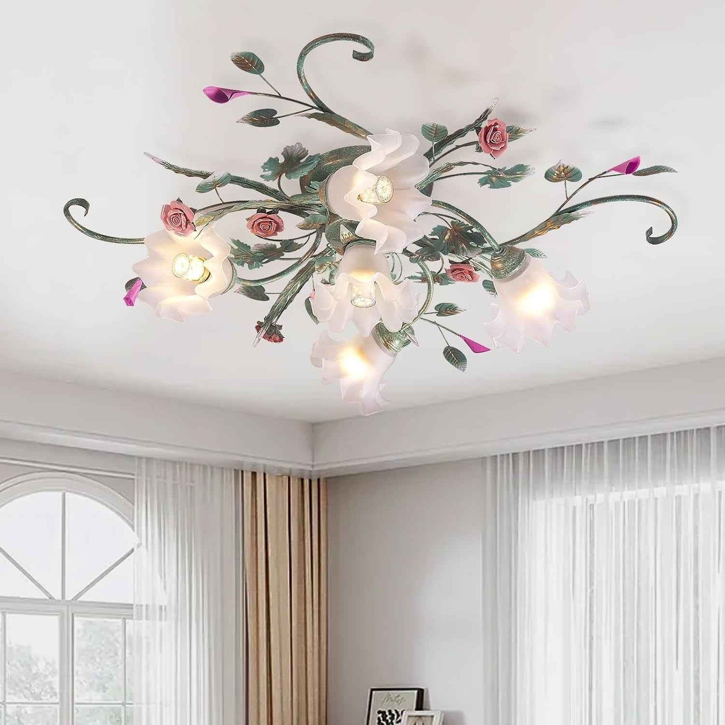 Led Plafonniers De Villa De Campagne,Lustre Avec Abat-Jour En Verre Et Conception De Fleurs Fleurs,Vintage Suspension Luminaire, Pour Chambre À Coucher Salon Chambre À Coucher Restaurant Couloir
