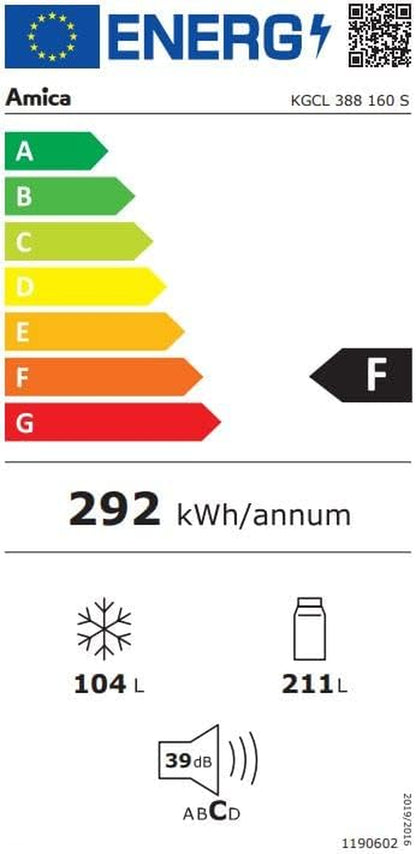 Amica KGCL 388 160 S Réfrigérateur/Congélateur/Noir/185,5 Cm (H) X 59,5 Cm (L) X 59,5 Cm (P) / Commande Électronique/Tiroir Vitcontrol/Capacité Utile 315 L/Contrôle Du Gel