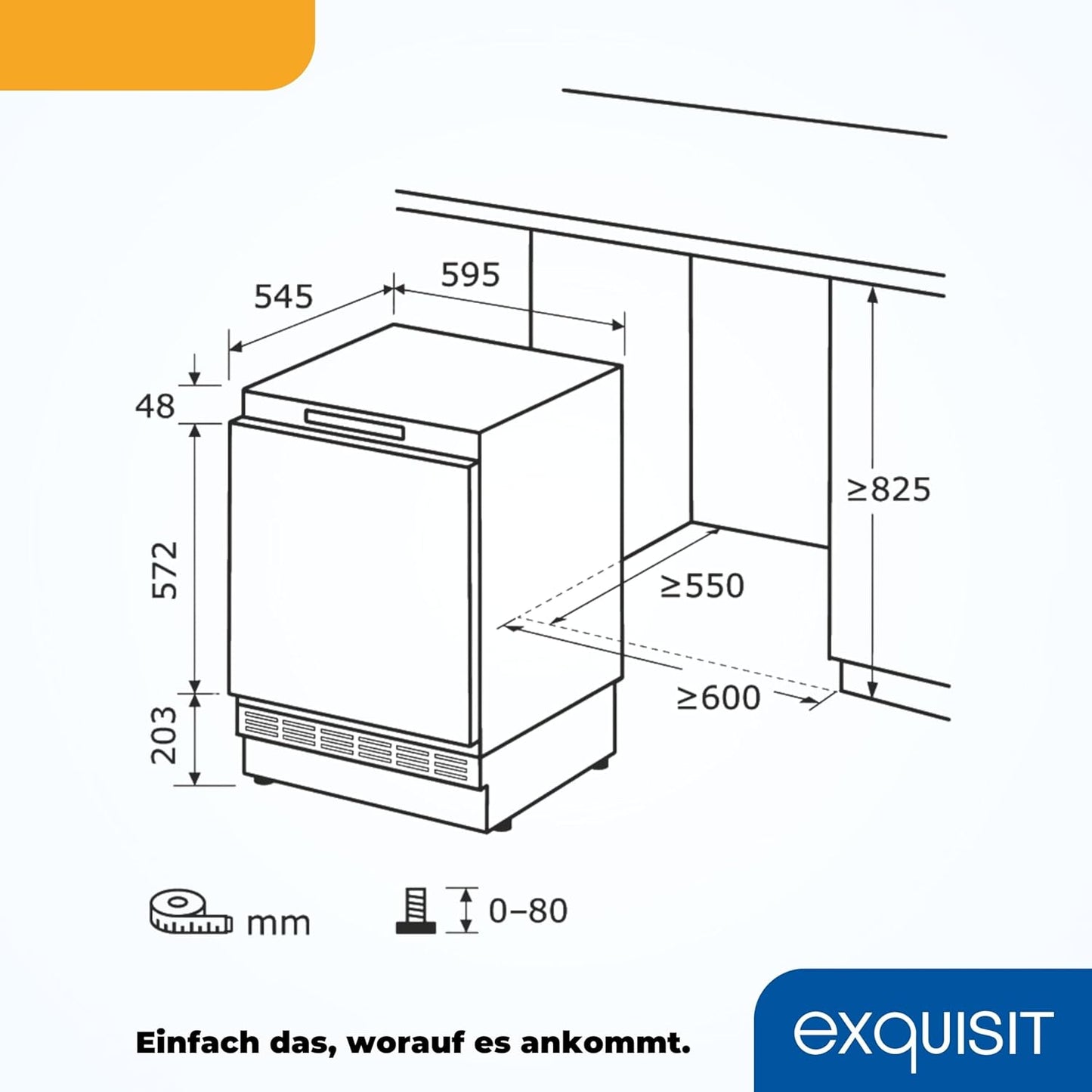 Exquisit UKS140-V-FE-010E Unterbau Kühlschrank, Nischenhöhe 82,5 Cm, 60 Cm Breit, 138L, Festtürmontage, Abtauvorgang Automatisch, Eierablagen, Temperatureinstellung, Weiß