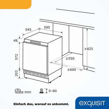 Exquisit UKS140-V-FE-010E Unterbau Kühlschrank, Nischenhöhe 82,5 Cm, 60 Cm Breit, 138L, Festtürmontage, Abtauvorgang Automatisch, Eierablagen, Temperatureinstellung, Weiß