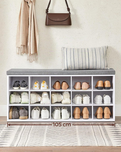 CUSTOS Collection - Banc À Chaussures, Organiseur De Chaussures Avec 15 Compartiments, Siège Rembourré, Pour Entrée, Couloir, Placard, Blanc Nuage Et Gris Tourterelle LHS015WB02