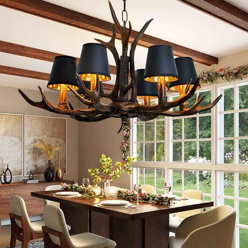 Suspension Rétro E14 En Forme De Bois De Cerf - Style Industriel - Lustre En Résine Noire - Abat-Jour En Fer Noir - Hauteur Réglable - Pour Salle À Manger, Salon, Café, Cuisine, Bar