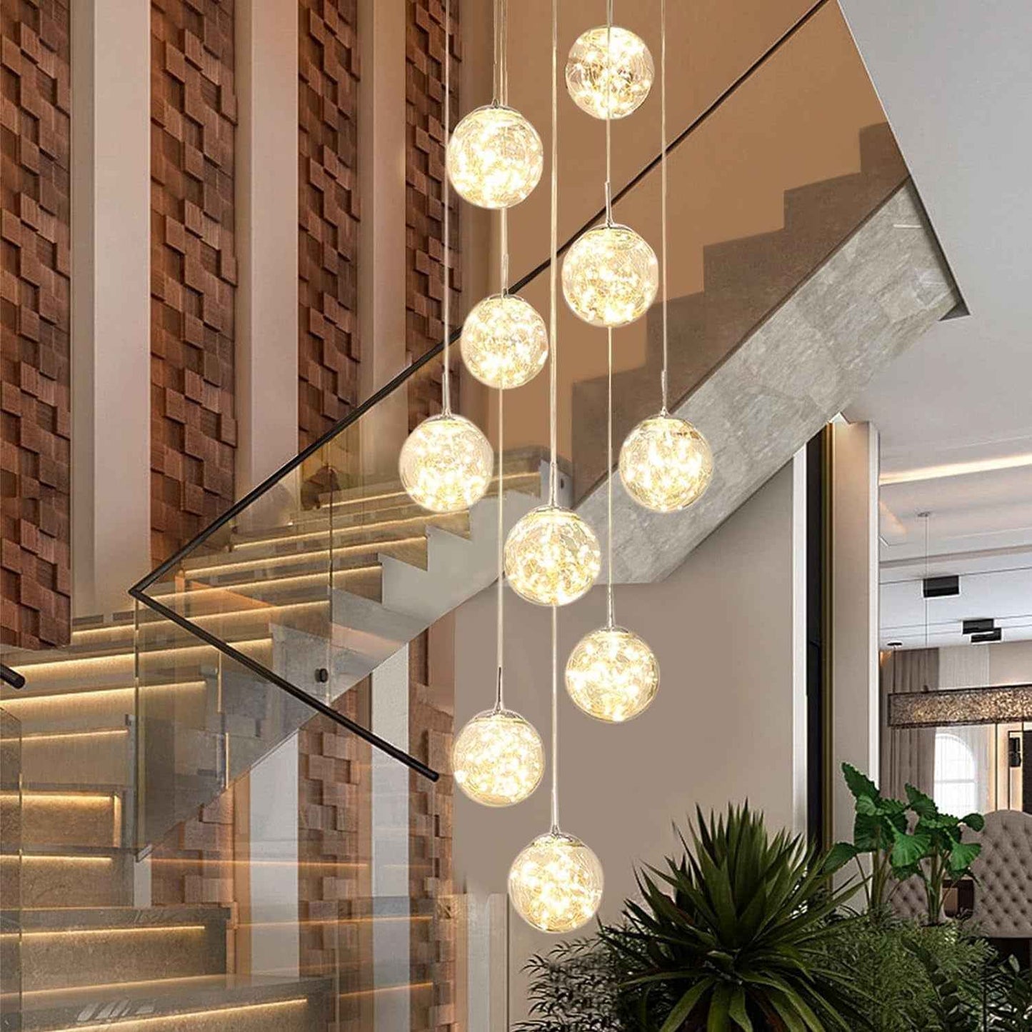 200CM Lustre Lampe Boule De Verre 10 LED, Pendentif Lumière LED D'Escalier, 50W Suspensions Long Étoilé Pendant Light, Plafonniers Modernes Pour Villas, Escaliers Et Salons