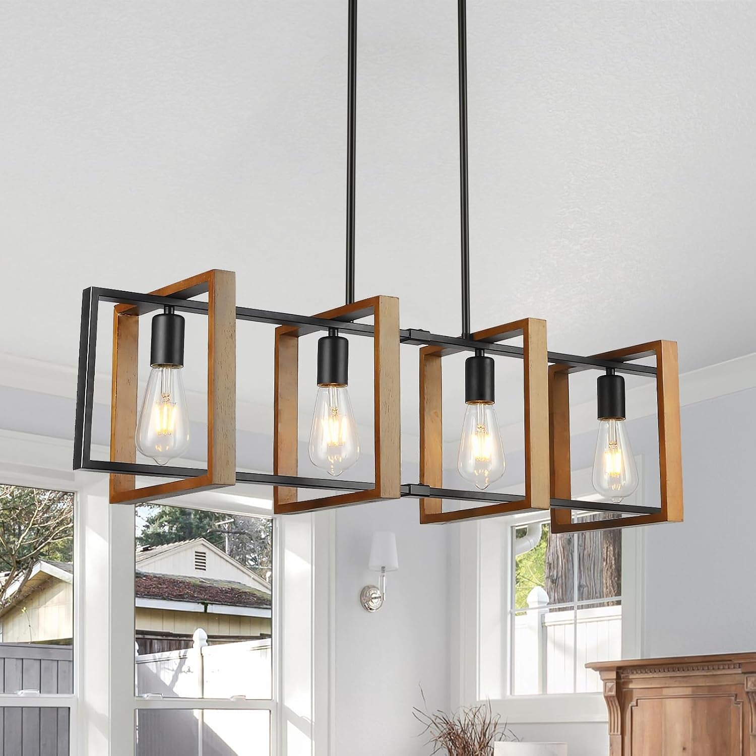 4 Lampes Éclairage De Style Îlot De Cuisine À Lumière Noire, Lampe De Table De Piscine En Bois Et En Métal Plafonnier Plafonnier, Lampe De Chambre À Coucher Réglable En Hauteur Plafond, Lustres